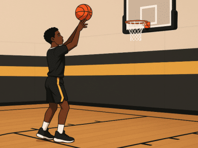 Youth basketball player shooting with balanced form and follow-through in black and yellow uniform on indoor court
